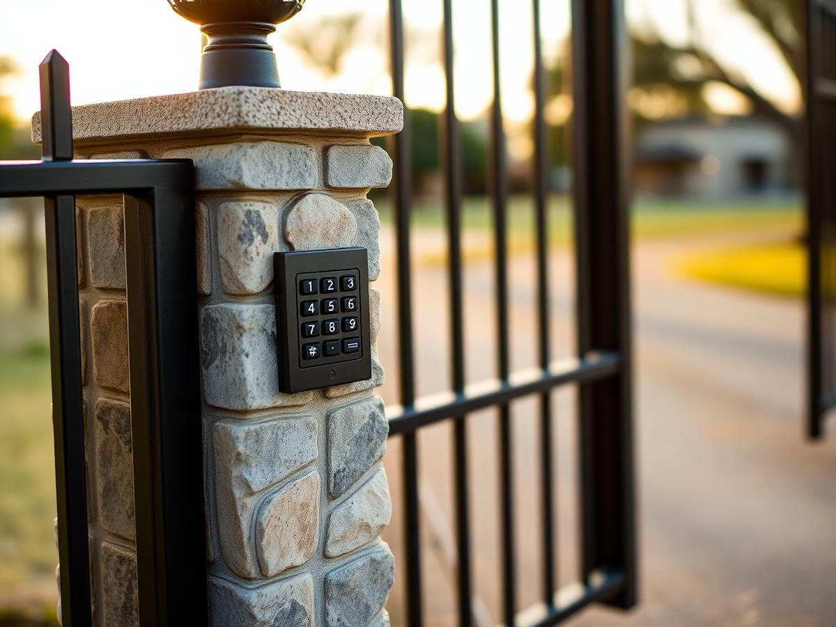 Keypad entry beside a driveway gate in North Texas
